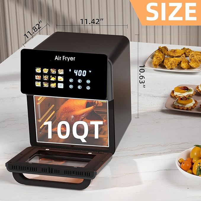 10L Large Xl Pro Air Fryer Oven With Grill Combo For Kitchen Countertop Use,12 in 1 Smart Convection Ovens,AirFryer With Glass View Window,Nonstick Basket,Fryer Liners,Removable Door-Black