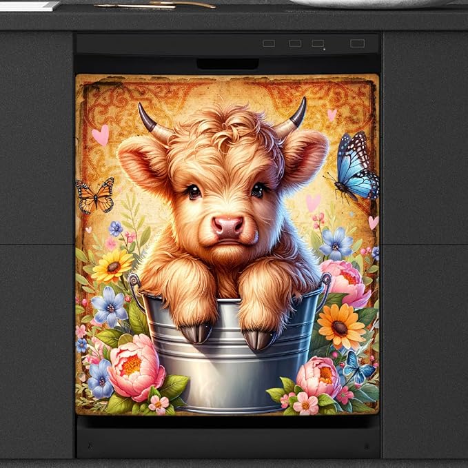 Vintage Alpine Cow Dishwasher Magnet Cover Vintage Alpine Cow Front Dishwasher Cover Decoration Reusable Magnetic Door Cover Panel Decal Home Appliances Stickers Kitchen Refrigerator 23"X26"