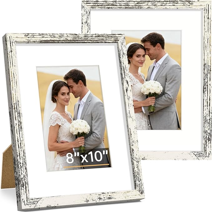 Vittanly 8x10 Picture Frame Set of 2, Solid Wood Frame for Wall or Tabletop, Display Photo 5x7 with Mat or 8x10 without Mat, Distressed White