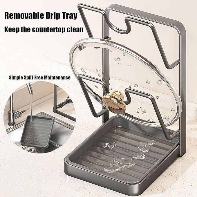 Kitchen Pot Lid Storage Rack, Multifunctional Stainless Steel Pot Lid Holder While Cooking, Pot Lid Organizer with Removable Drip Tray, Two-Compartment Spatula Holder for Stove (Begie,Double-layer)
