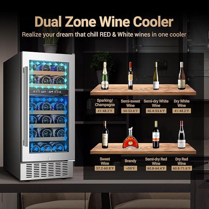 AAOBOSI 15 Inch Wine Cooler Refrigerator, 28 Bottles Dual Zone Wine Fridge with Double-Layer Glass Door and Temperature Memory Function,Built-in or Freestanding
