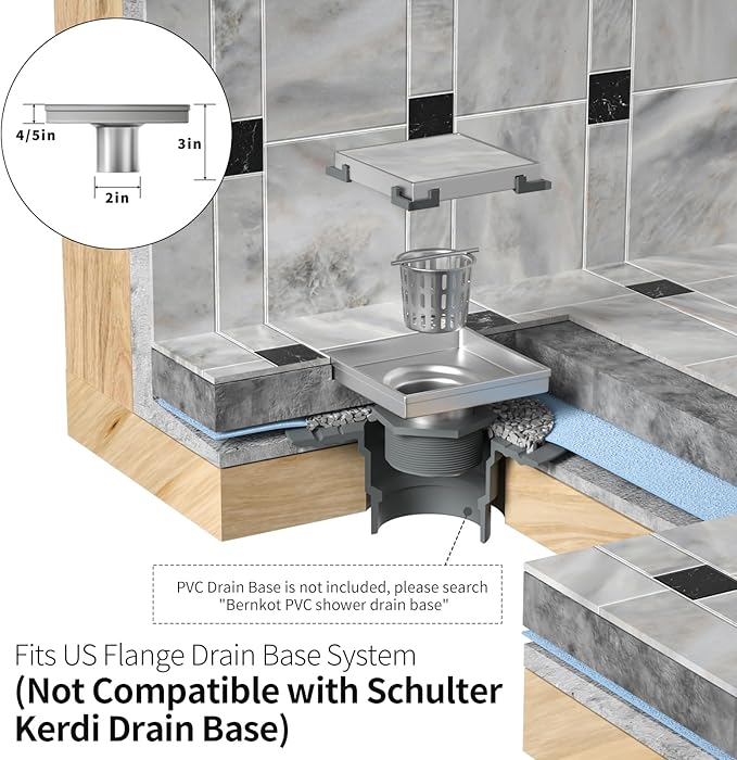 Square Shower Drain 6", Matte Black Floor Drain with Tiled Insert Grate & Hair Strainer, 304 Stainless Steel Bathroom 2-in-1 Tiled in Drain, CUPC Certified (Matte Black, 6'')