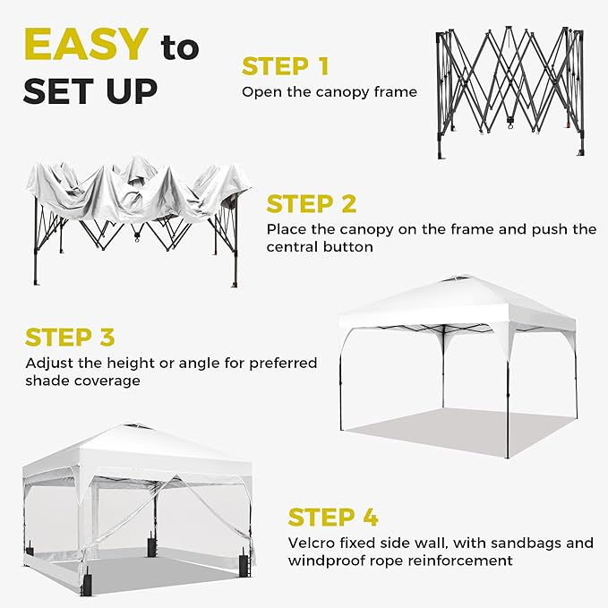 Saemoza 12x12 Pop Up Canopy Tent with One Push Setup, Outdoor Sun Shade Canopy for Backyard Party, Easy Up Instant Shelter with 4 PVC Transparent Sidewalls, 4-Sandbags & Wheel Bag, White.