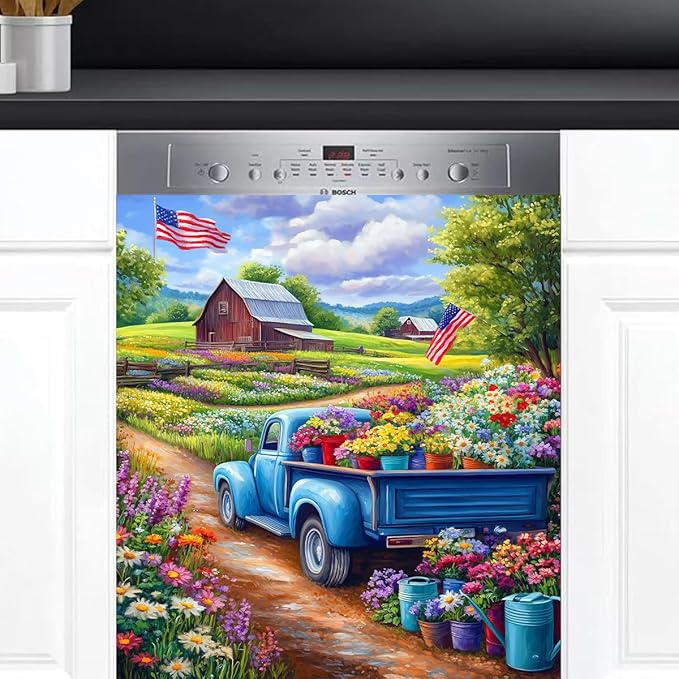 Dishwasher Magnet Cover American Flag Flower Truck Front Dishwasher Cover Decoration Reusable Magnetic Door Cover Panel Decal Home Appliances Stickers Kitchen Refrigerator Fridge 23"x26"