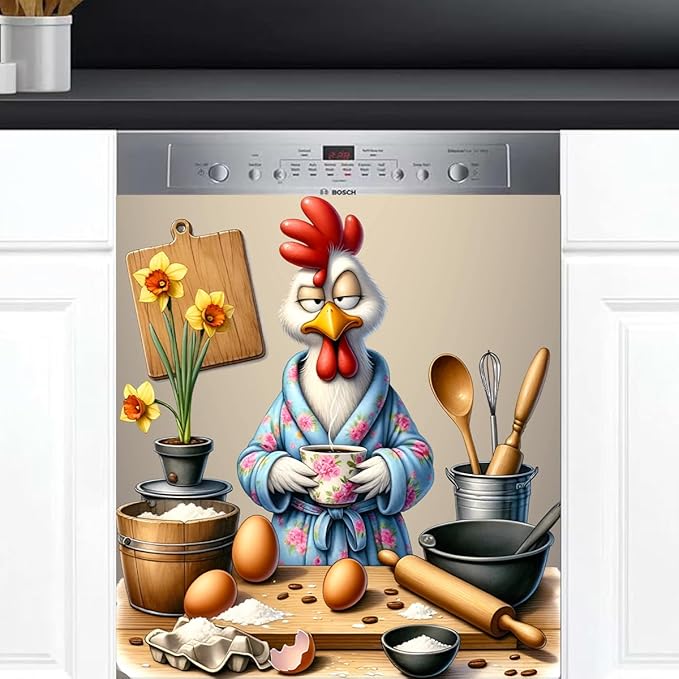 Dishwasher Magnet Cover Funny Rooster Flower Front Dishwasher Cover Decoration Reusable Magnetic Door Cover Panel Decal Home Appliances Stickers Kitchen Refrigerator Fridge 23"x26"