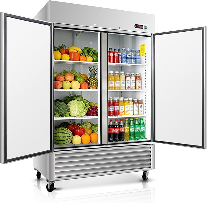 DeepTide 54" W Commercial Upright Refrigerator with Double-Door: 49 Cubic Feet Storage, Adjustable Shelving, Automatic Defrosting, Precision Digital Thermostat, LED Lights, Safety Locks