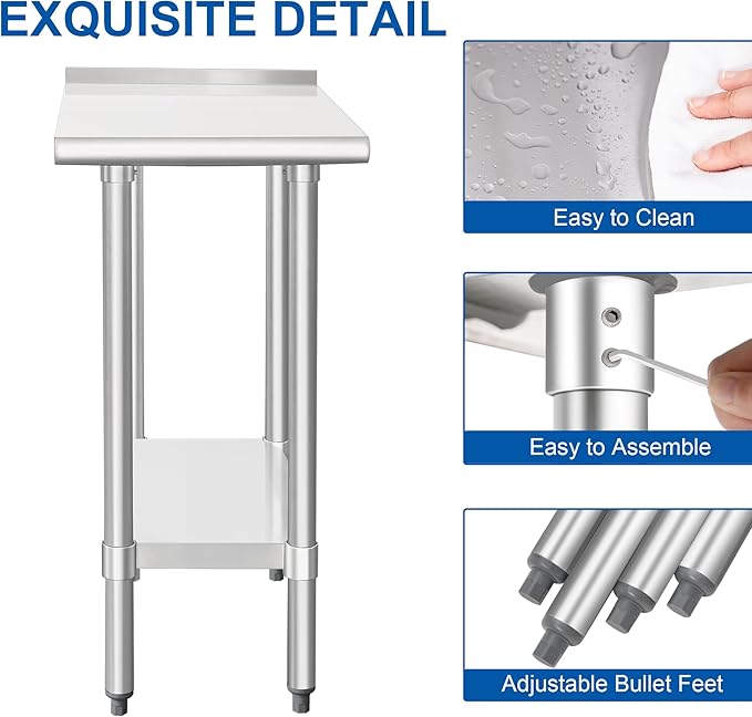 HARDURA Stainless Steel Commercial Work Table Prep Work Metal Table 30×15 Inches with Undershelf and 2" Backsplash Heavy Duty NSF 430 for Kitchen Food Prep