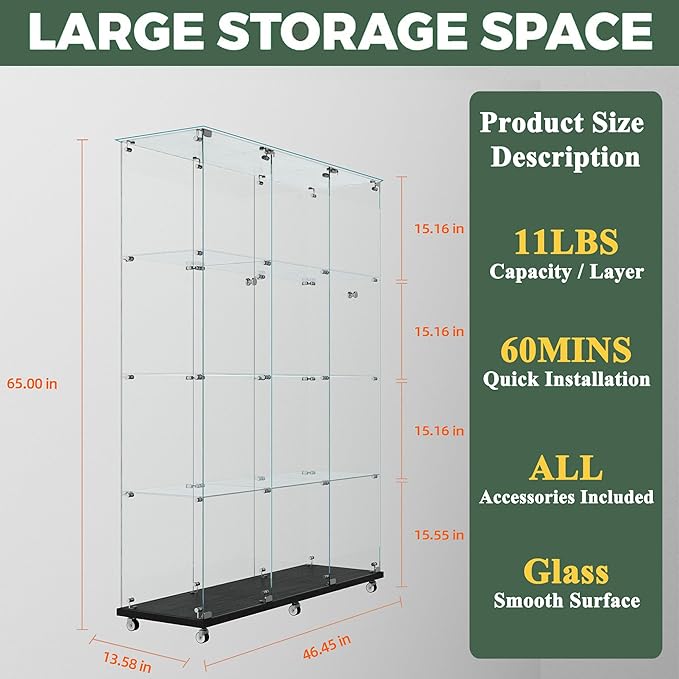 Glass Display Cabinet with LED Light Strip, 12 Shelves 3 Column 2 Doors, Large Glass Top Curio Storage Cabinets with Lock & Caster for Living Room, Office,Floor Standing Bookshelf - Black