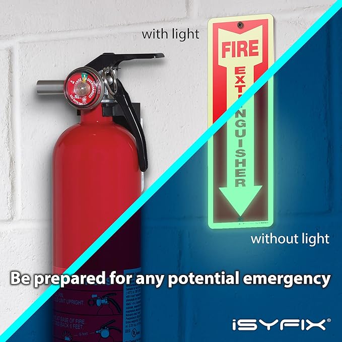 iSYFIX Fire Extinguisher Glow in the Dark Aluminum Signs – 5 Pack 4x12 Inch – Photoluminescent, Laminated for Ultimate UV and Fade Resistance, Indoor and Outdoor, for Business, Schools, Hospitals,