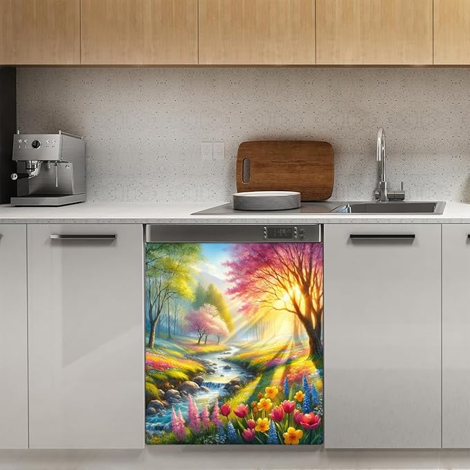 Dishwasher Magnet Cover Flower Forest Rainbow Dishwasher Decorative Cover Front Dishwasher Door Cover Reuseable Dishwasher Cover Panel Decal for Kitchen Refrigerator Home Appliances 23" X 26"