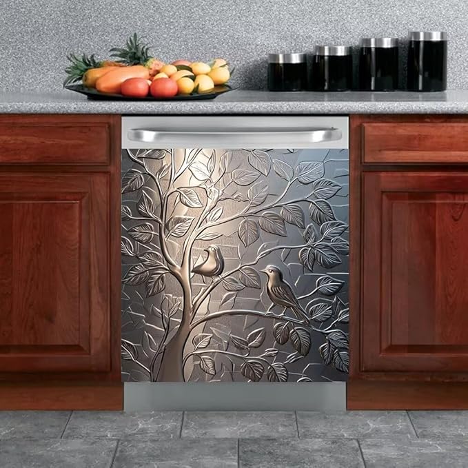 Stainless Steel Bird Dishwasher Magnet Cover - Kitchen Decorative Silver Dishwasher Cover Fridge Panel Decal, Magnetic Refrigerator Sticker Front Door Decals, Magnetic 23"X17"