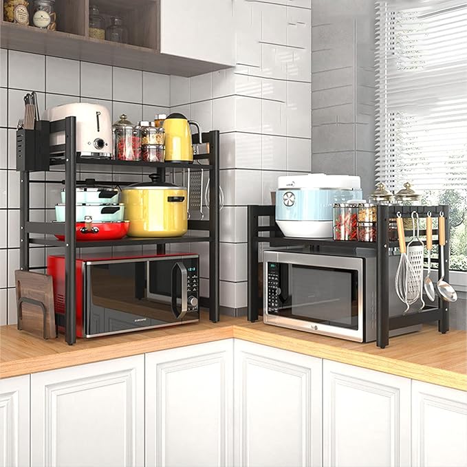 Microwave Storage Rack Microwave Oven Rack, Retractable Counter Toaster Storage Stand Shelf Kitchen Counter Shelf Microwave Mount Stand/3Tier, 2tier