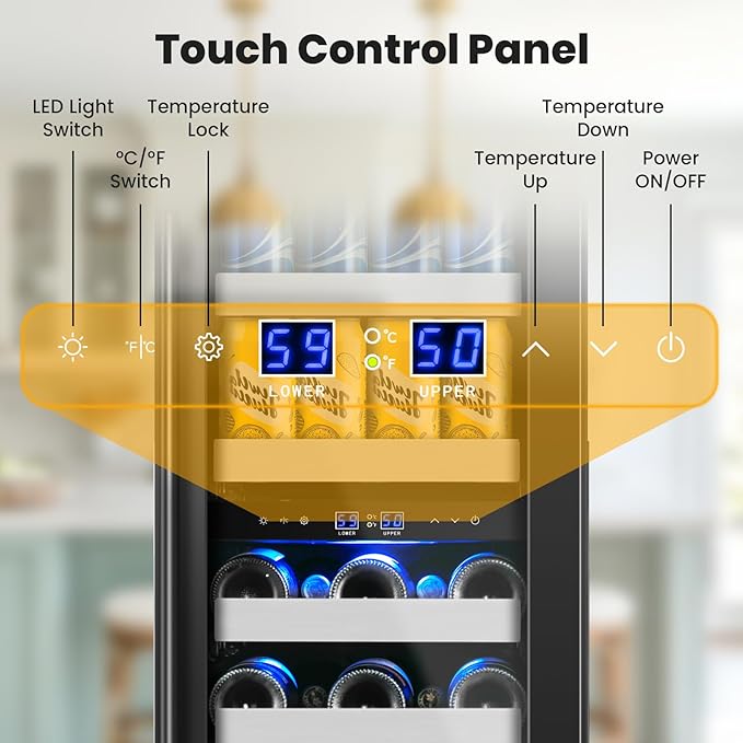 15 Inch Beverage Refrigerator,13 Bottle & 48 Cans Under Counter Black Beverage Fridge with Low-Noise Compressor,Wine Cooler with Dual Independent Temperature Zones for Kitchen Home