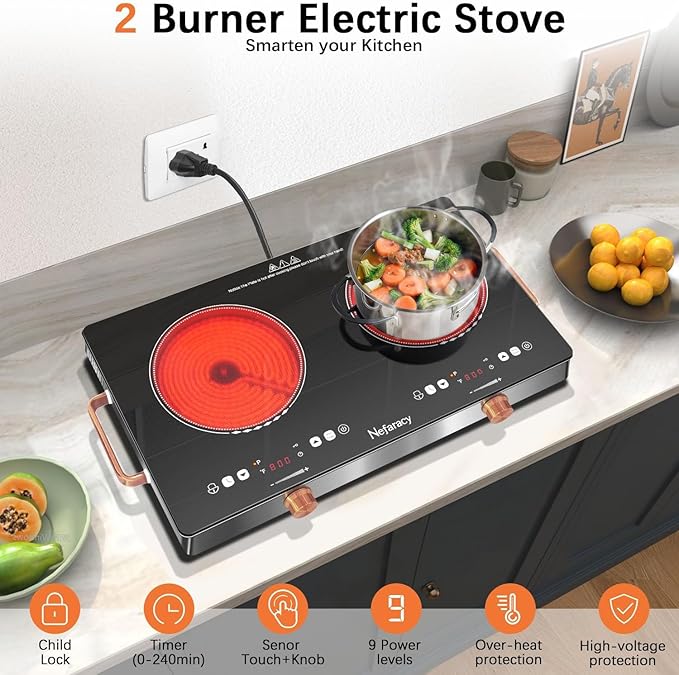 2 Burner Electric Cooktop 24 inch, 110-120V Plug in 2000W Ceramic Cooktop, Portable Electrics Stove with Handles,Touch & Knob Control, Safety Lock, 9 Heating Levels, 240Mins Timer, Overheat Protection