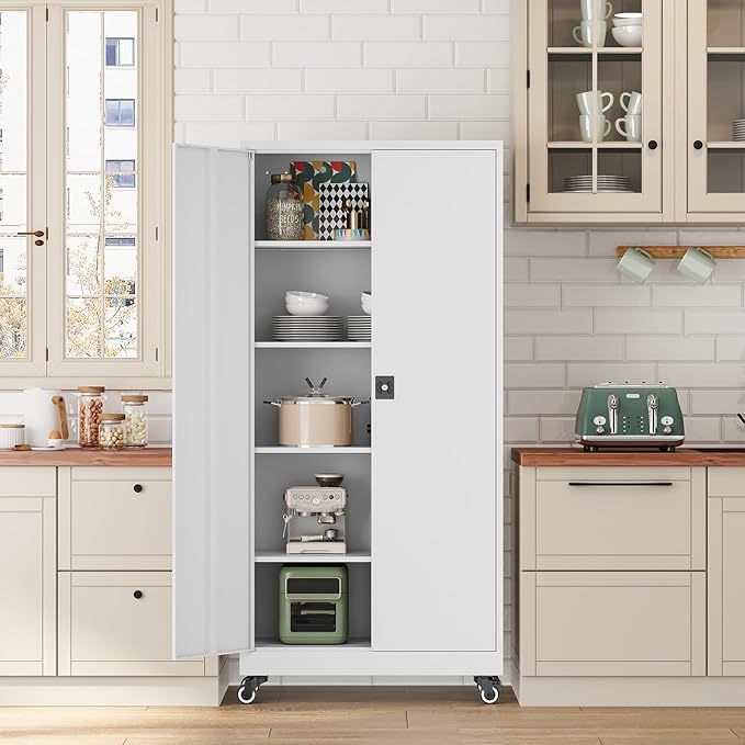 Metal Rolling Storage Cabinet-74.6” Tall Steel File Cabinets with Wheels Lockable Doors and Adjustable Shelves-White Steel Storage Cabinet for Home, School, Office, Garage