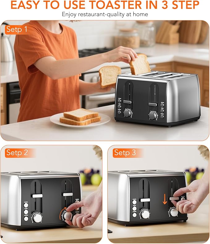 Toaster 4 Slice Retro Stainless Steel, 4 Slice Toaster with Extra Wide Slots with 6 Shade Settings, Toast Boost, Cancel Button, Perfect for Waffles, Bagels and More