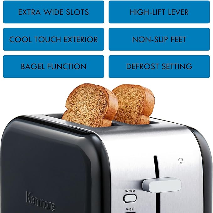 Kenmore toaster 2 slice - extra wide slot countertop kitchen appliance, defrost function, tostador de pan, 9 shade settings, compact design, easy clean crumb tray, bread bagel, stainless steel & Black