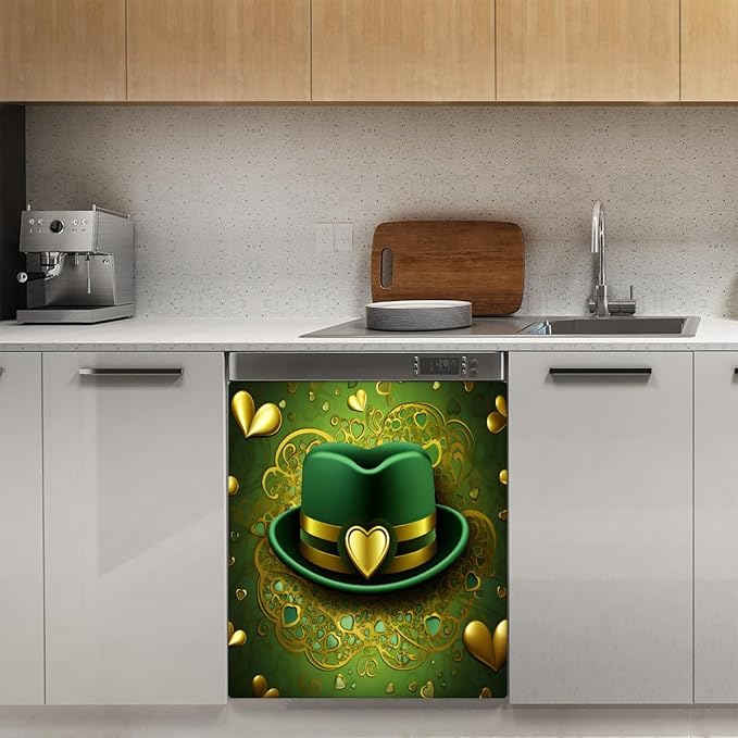 St. Patrick's Day Hat Heart Dishwasher Magnet Cover, Reusable Refrigerator Panel Stickers Microwave Front Door Covers Magnets for Kitchen Home Appliances Holiday Party Decorations 23 X 26 in