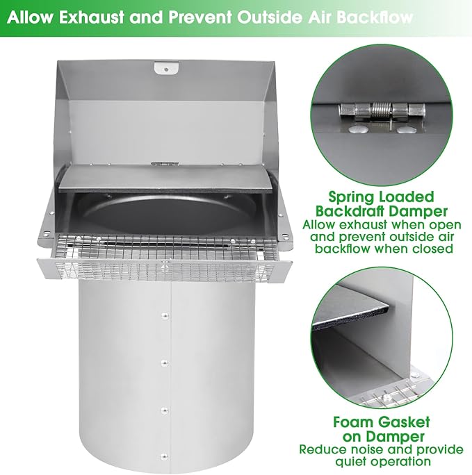 4 Inch Dryer Vent Cover Outside Hooded Wall Vent with Screen and Damper,4" Exterior Wall Vent Dryer Air Vent,Exhaust Wall Mount Cover Cap for Dryer Ventilation&Outdoor Air Exhaust, Stainless Steel
