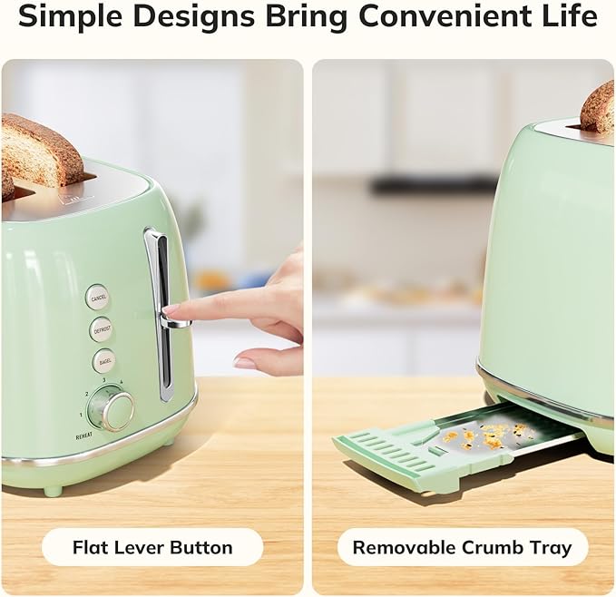 2 Slice Stainless Steel Toaster Retro with 6 Bread Shade Settings, Bagel, Cancel, Defrost Function, Extra Wide Slot, Removable Crumb Tray Green