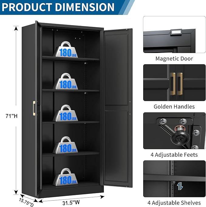 71" Kitchen Pantry Storage Cabinet,Black Tall Storage Cabinet With Doors and Shelves,Metal Food Pantry Cabinets for Kitchen Storage,Freestanding Cupboard for Dining Living Room,Assemble Required
