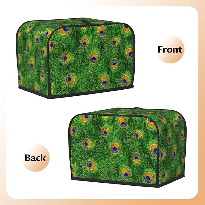 2 Slice Toaster Dust Cover Green Peacock Feathers, Small Kitchen Appliance Protector, Dust & Fingerprint Protection Washable Cover