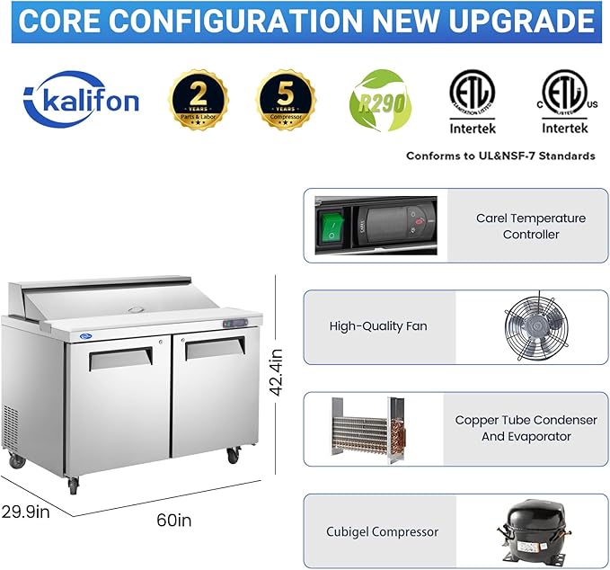 60" W 2 Door Refrigerator Sandwich Salad Prep Table Commercial Stainless Steel Fan Cooling Refrigerator with Cutting Board, 2 Shelves & 16 Pans for Restaurant, Bar, Shop-16.4 Cu.ft