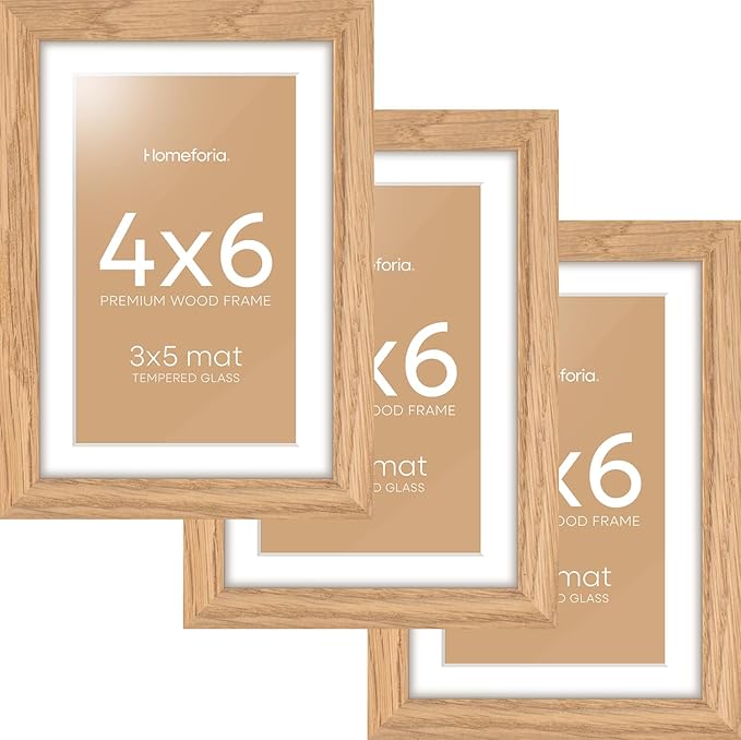 Homeforia 4x6 Picture Frame Wood, High End Natural Oak 4x6 Light Wooden Frames with Mat 3x5 for Photo, 4 x 6 Frame Matted to 3 x 5 Print, 6x4 Wall or Tabletop Frame, Tempered Glass, Wall Kit, Set of 3