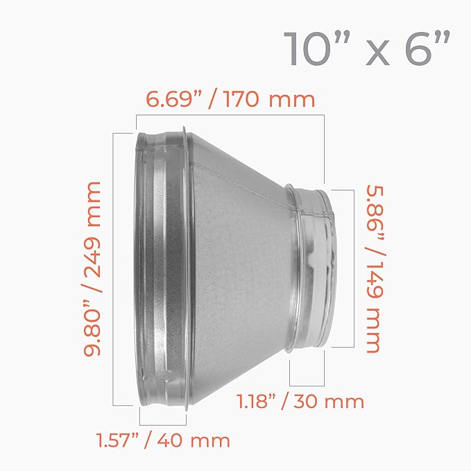 10" to 6" Inch Round Duct Reducer - Male Fit Galvanized Steel Pipe Increaser - Coupling for Round Duct Ventilation Systems - Heating & Cooling HVAC - Vent Pipe Adapter, Duct Connector