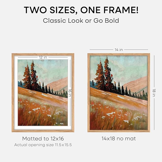 Homeforia 14x18 Picture Frame Natural Wood, High End Oak 14x18 Light Wooden Poster Frame with Mat 12x16, 14 x 18 Frames Matted to 12 x 16 Photo, 18x14 Hanging Frame, Tempered Glass, Wall Kit, Set of 3