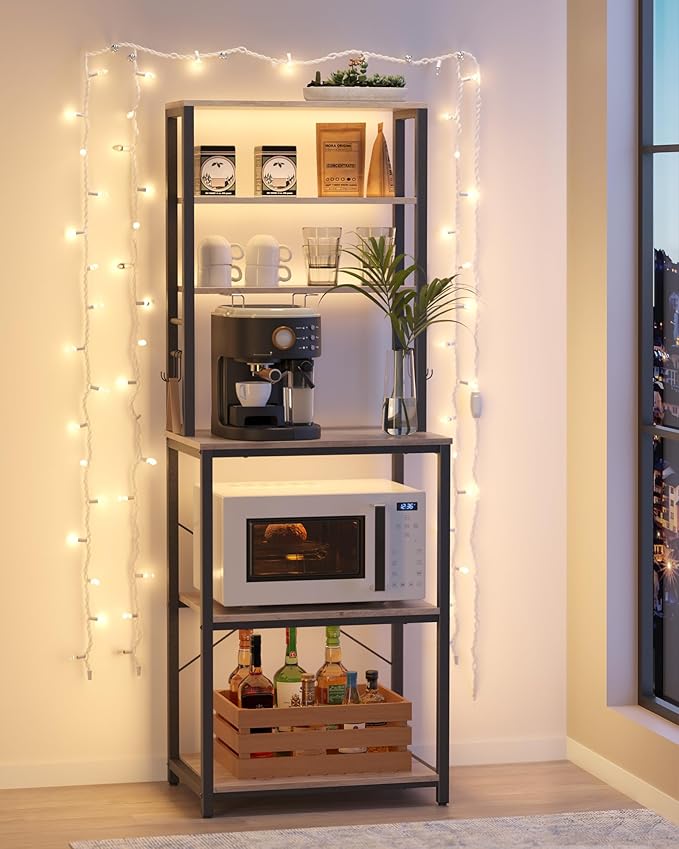 VASAGLE Coffee Bar, 23.6 Inches Baker's Rack for Kitchen with Storage, 6-Tier Kitchen Shelves with 6 Hooks, Microwave Stand, Industrial, Heather Greige and Ink Black UKKS024B02