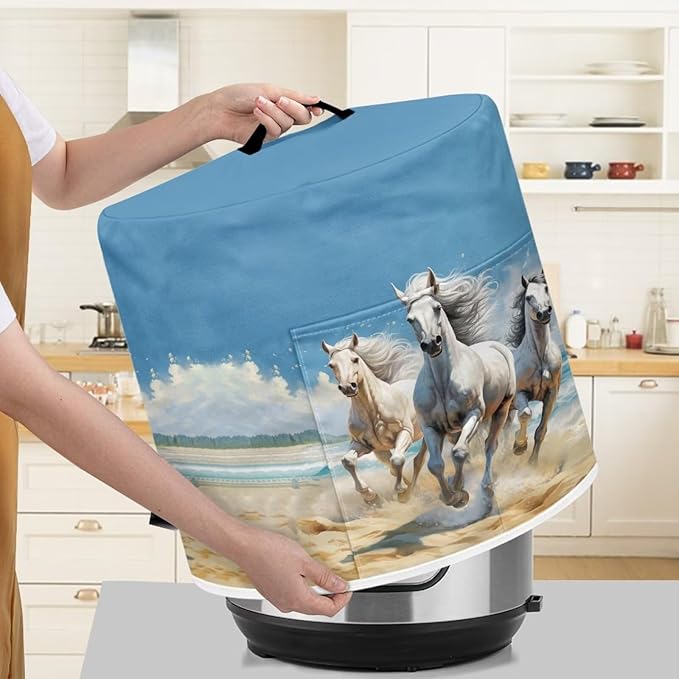 TODIYADDU Prancing White Horse Pressure Cooker Cover with Handle Fashion Kitchen Appliance Dust Covers for Instant Pot Portable Air Fryer Dust Cover Round Protective Cover Bag Trendy Home Decor