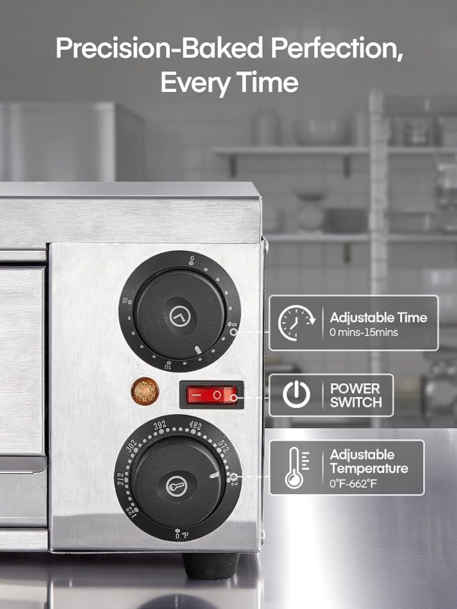 Commercial Pizza Oven, 12 Inch Pizza Oven Indoor with 662°F Max Temp, Electric Pizza Cooker with Alert Timer, 1800W Stainless Steel Pizza-Maker Machine, for Restaurant, Home, Party, Silver