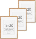 Fun Memories 16x20 Picture Frames Set of 3, Solid Oak Wood Picture Frame 16 by 20, 16x20 Frame with Mat for 11x14, 16 x 20 Frame with Tempered Glass, 16"x20" Poster Frame