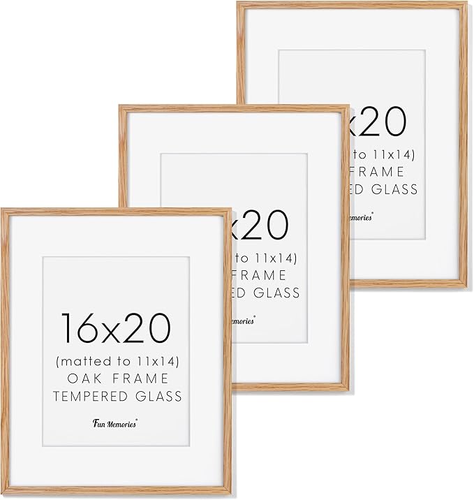 Fun Memories 16x20 Picture Frames Set of 3, Solid Oak Wood Picture Frame 16 by 20, 16x20 Frame with Mat for 11x14, 16 x 20 Frame with Tempered Glass, 16"x20" Poster Frame