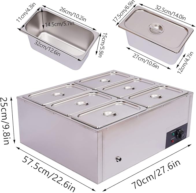 6-Pan Commercial Bain Marie Buffet Food Warmer, 850W 44Qt Electric Steam Table Food Warmer, Countertop Commercial Buffet Warmer, 86℉-185 Temp Control for Buffet Party Catering Restaurant