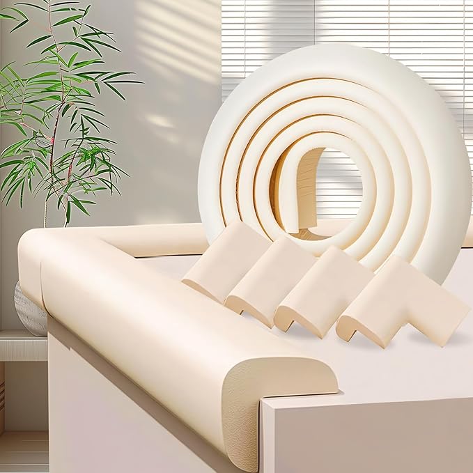Baby Proofing Edge & Corner Protectors, White Foam L-Shape Self-Adhesive Bumper Strip + 4Corner Guards, Wall & Furniture Safety Bumpers for Nursery, Kitchen, Fireplace, Table, Desk