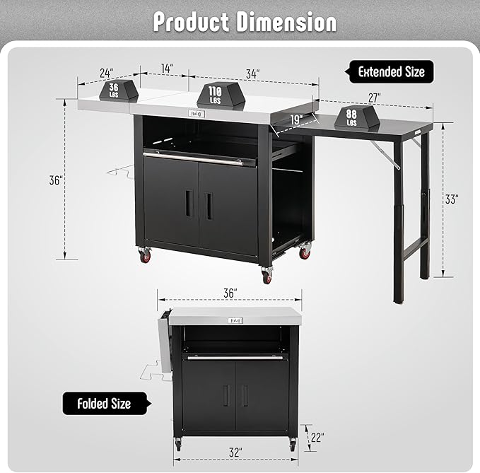 Grill Table,Outdoor Kitchen with Cabinet Outdoor Grill Table with 2 Foldable Side Tables Stainless Steel Top for Outdoor Kitchen Cabinets, Bar Cart, Movable Grill Cart with Pull-Out Plate, L74”x W24”