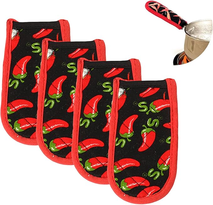 Cast Iron Skillet Handle Covers, Pot Handle Covers Heat Resistant, Heat Resistant Pot Pan Skillet Hot Handle Holder Sleeves Mitt Cover for Kitchen, BBQ and Baking Cookware (4, Red Pepper)