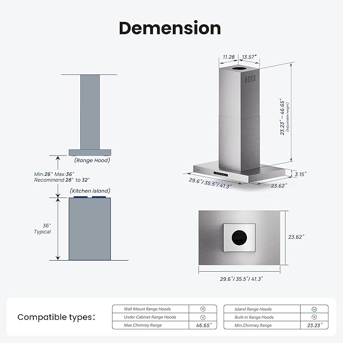 Island Range Hood 36 Inch, 980 CFM Island Mount Range Hood with Dual-Sided Touch/Gesture Control, Ceiling Mount kitchen Hood, Convertible Ducted/Ductless, 3-Speed Fan&4 LED Lights, 3 Baffle Filters