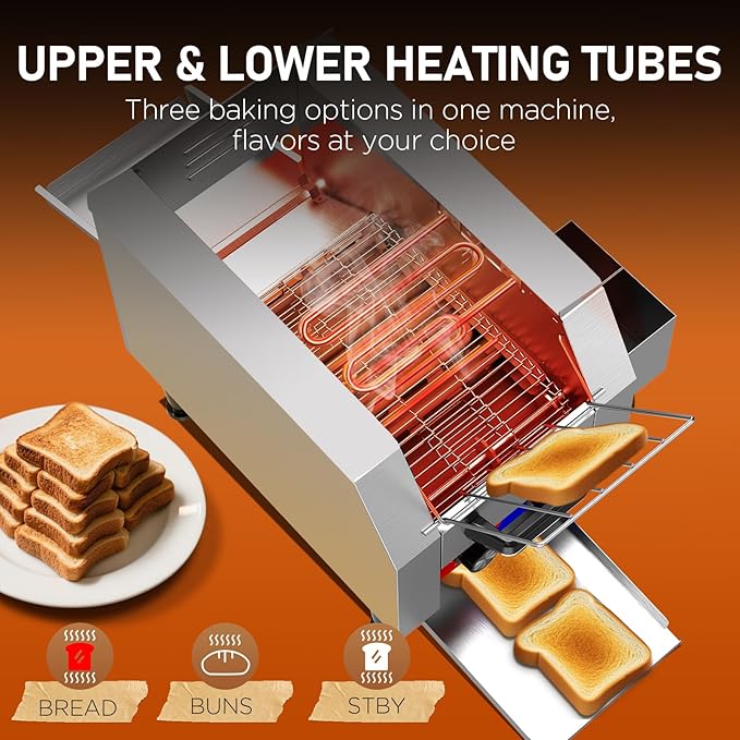 Commercial Conveyor Toaster w/ 1 Slice Wide Slot, 150 Slice/hour Commercial Toaster w/ 7.2’’ Wide and 3‘’ Opening, Industrial Kitchen Cooking bagel w/Stainless Steel and Heavy Duty