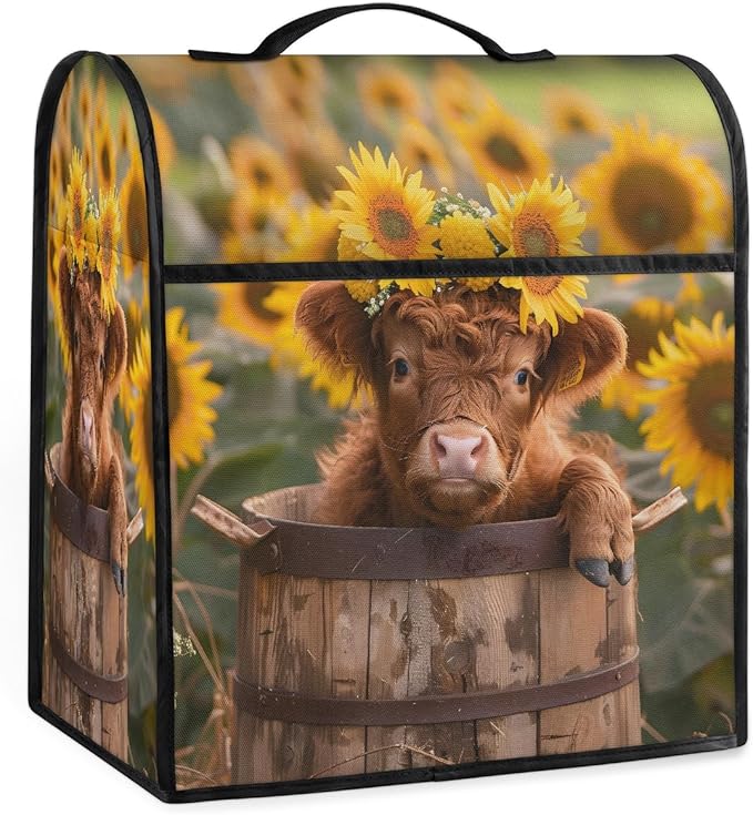 Kitchen Aid Mixer Cover Sunflowers Cute Highland Cow Stand Mixer Cover Compatible with 6-8 Quarts Stand Mixers, Dust Covers with Zipper Pocket Foldable Washable Kitchen Aid Organizer Bag