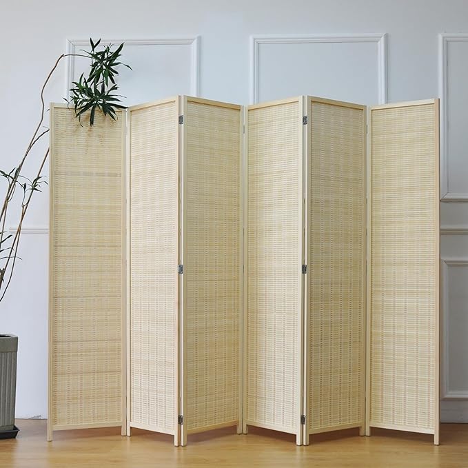 6 Panel Bamboo Room Divider and Folding Panel Screen,Bamboo Panel Divider for Room Separation,Beige,67" H x 92.1" W