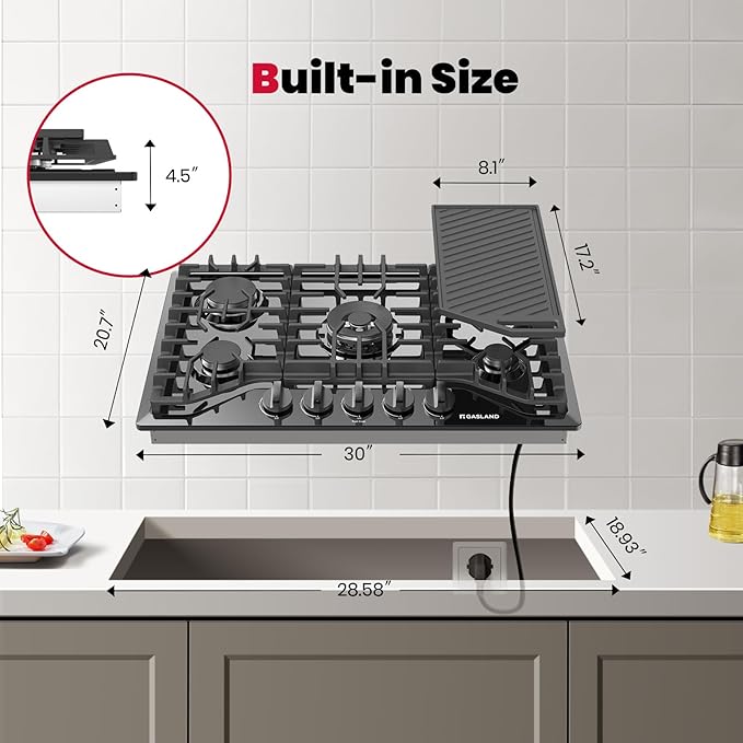 GASLAND 30 Inch Gas Cooktop with Griddle Black, PRO GH3305EF Gas Stovetop with 5 Burners, Reversible Cast Iron Grill/Griddle, Plug-in, NG/LPG Convertible, 120V Black, CSA certified