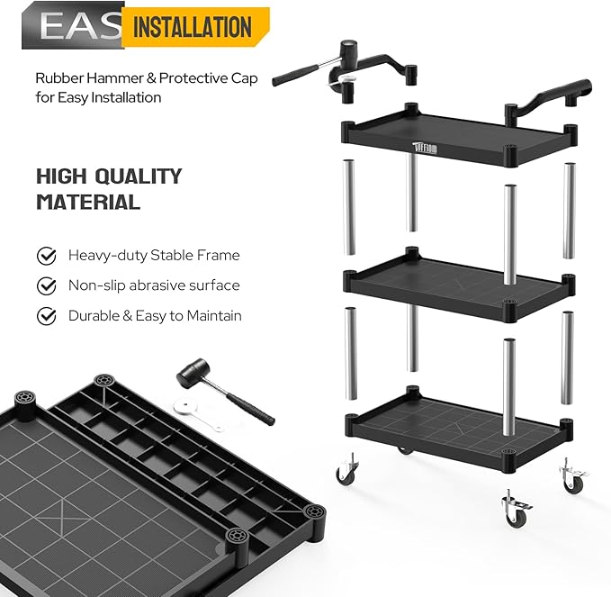 3-Tier Commercial Utility Cart with Wheels, Heavy Duty Rolling Plastic Service Cart, 390 lbs Capacity for Foodservice, Restaurant, Cleaning, Workplace (33.8'' x 16.5'' x 35.8'')