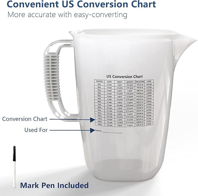 WhiteRhino 1 Gallon 134oz Measure Pitcher,US Conversion Chart, Extra Large Plastic Measuring Cup-Strong Food Grade, Graduated Mixing Pitcher for Lawn, Pool Chemicals,Home Hobbies,Motor Oil and Fluids