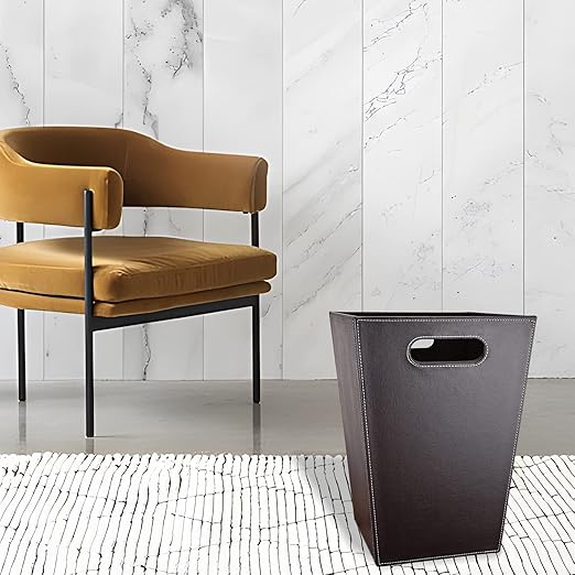 GORESE Leather Trash Can Bathroom Wastebasket, 16L/4.2 Gallon Office Garbage Can with Handles for Near Desk, Square Bedroom Waste Basket Bin for Home Dorm Decorative Brown