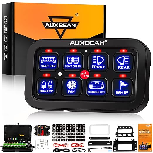 Auxbeam 8 Gang Switch Panel BA80, Universal Circuit Control Relay System Box with Automatic Dimmable On-Off LED Switch Pod Touch Switch Box for Car Pickup Truck Boat UTV ATV, Blue 2 Years Warranty