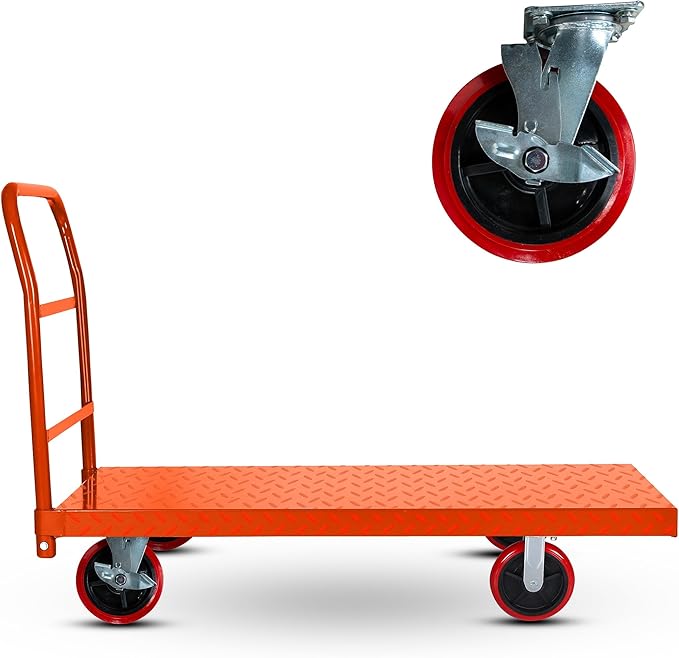 Platform Cart Industrial Dolly Cart 3300LB Heavy Duty 60” x 30” Platform Hand Truck Push Cart Super Heavy Duty Diamond Plate Commercial Flatbed Cart 8'' Moving Swivel Wheels (Orange)