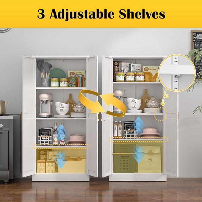 Kitchen Pantry Cabinet,60”White Metal Pantry Storage Cabinet with Doors and 4 Adjustable Shelves,Kitchen Cabinet with 2 Gold Handles,Tall Cabinets for Livingroom, Bathroom